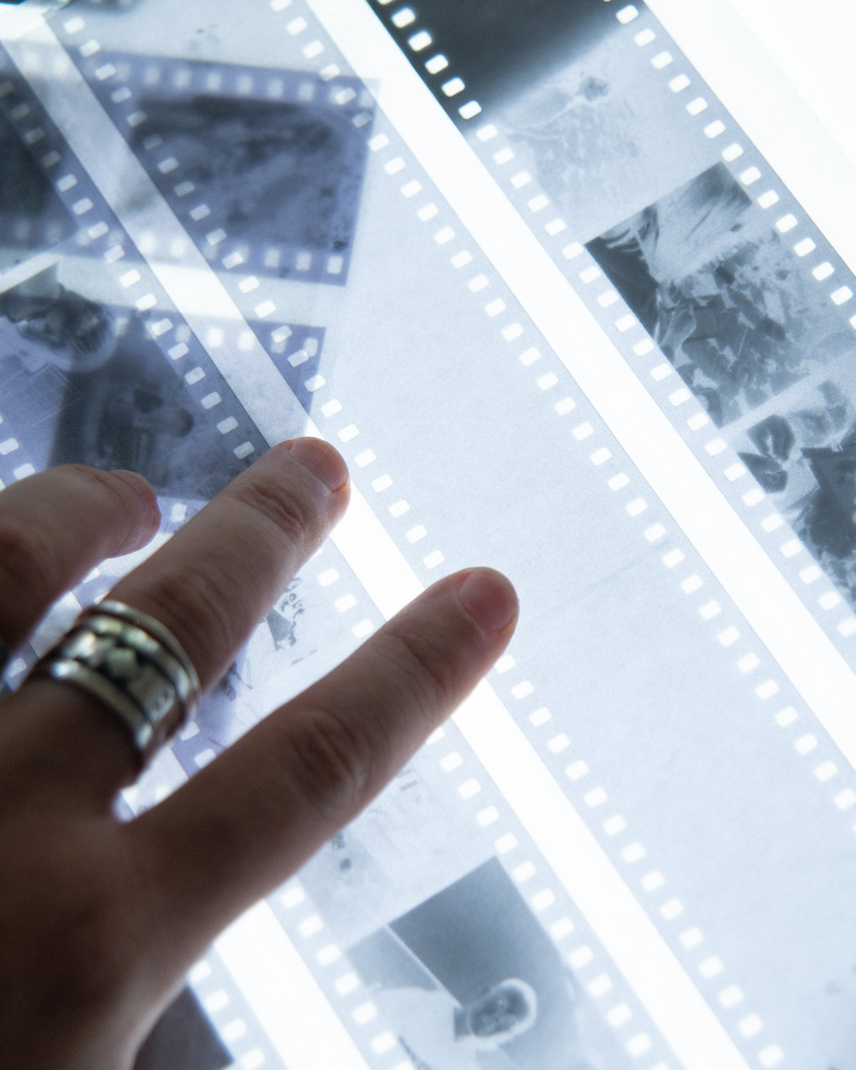 Examining black-and-white negatives on a light table