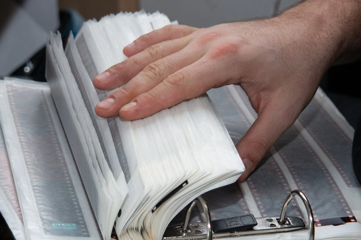 Archival sleeves stored in a binder for film negatives