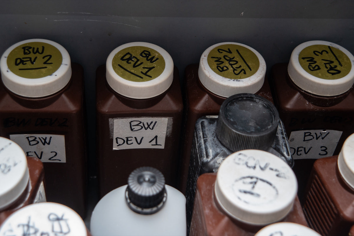 Labelled black-and-white processing chemicals