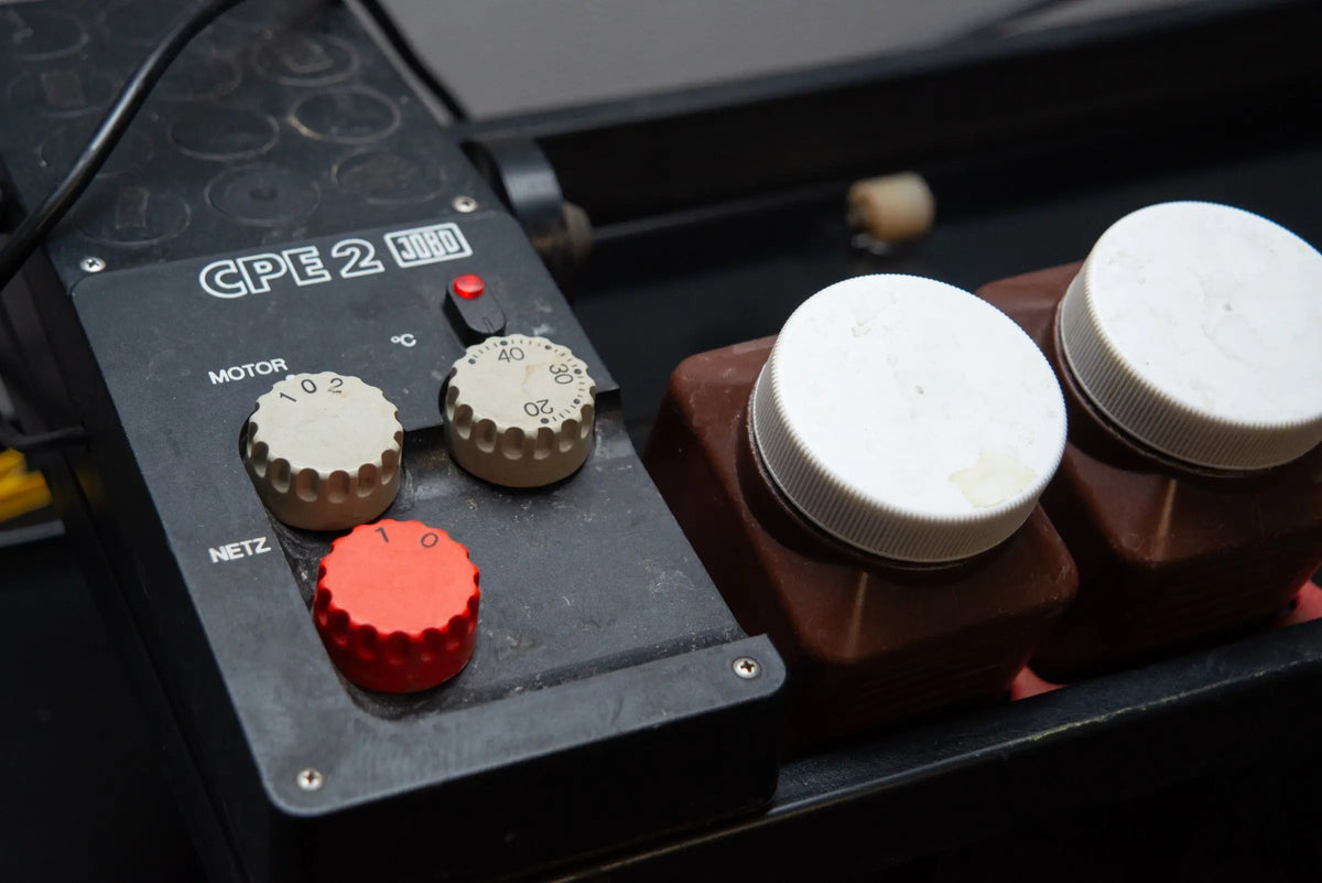 Film processing controls and labelled chemical bottles
