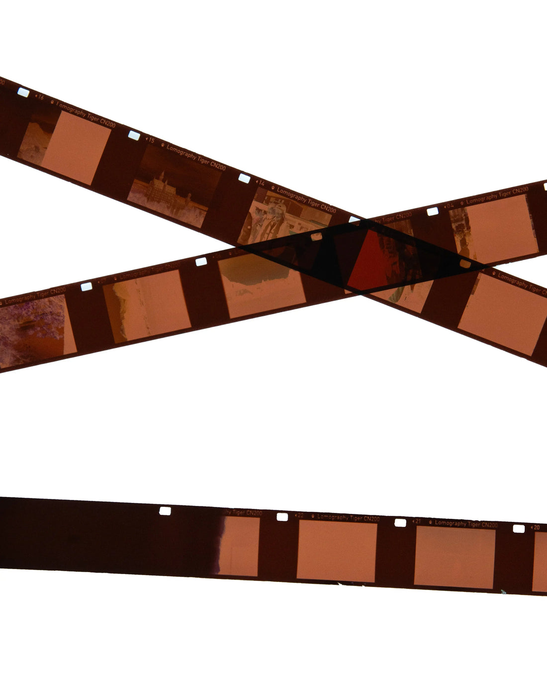 Farbnegativfilmstreifen auf einem Leuchttisch angeordnet