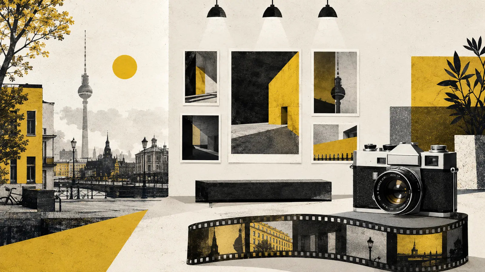 Editorial illustration of photography exhibitions and events in Berlin with a camera, film strip and Berlin skyline