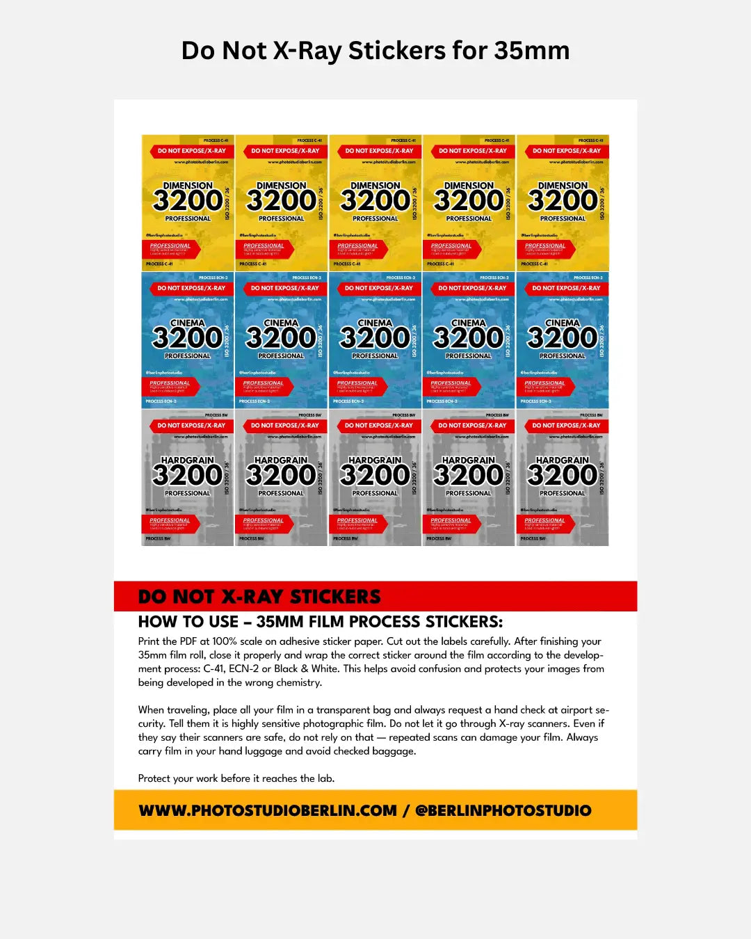 Do Not X-Ray Stickers for 35mm Film – Printable PDF Photo Studio Berlin