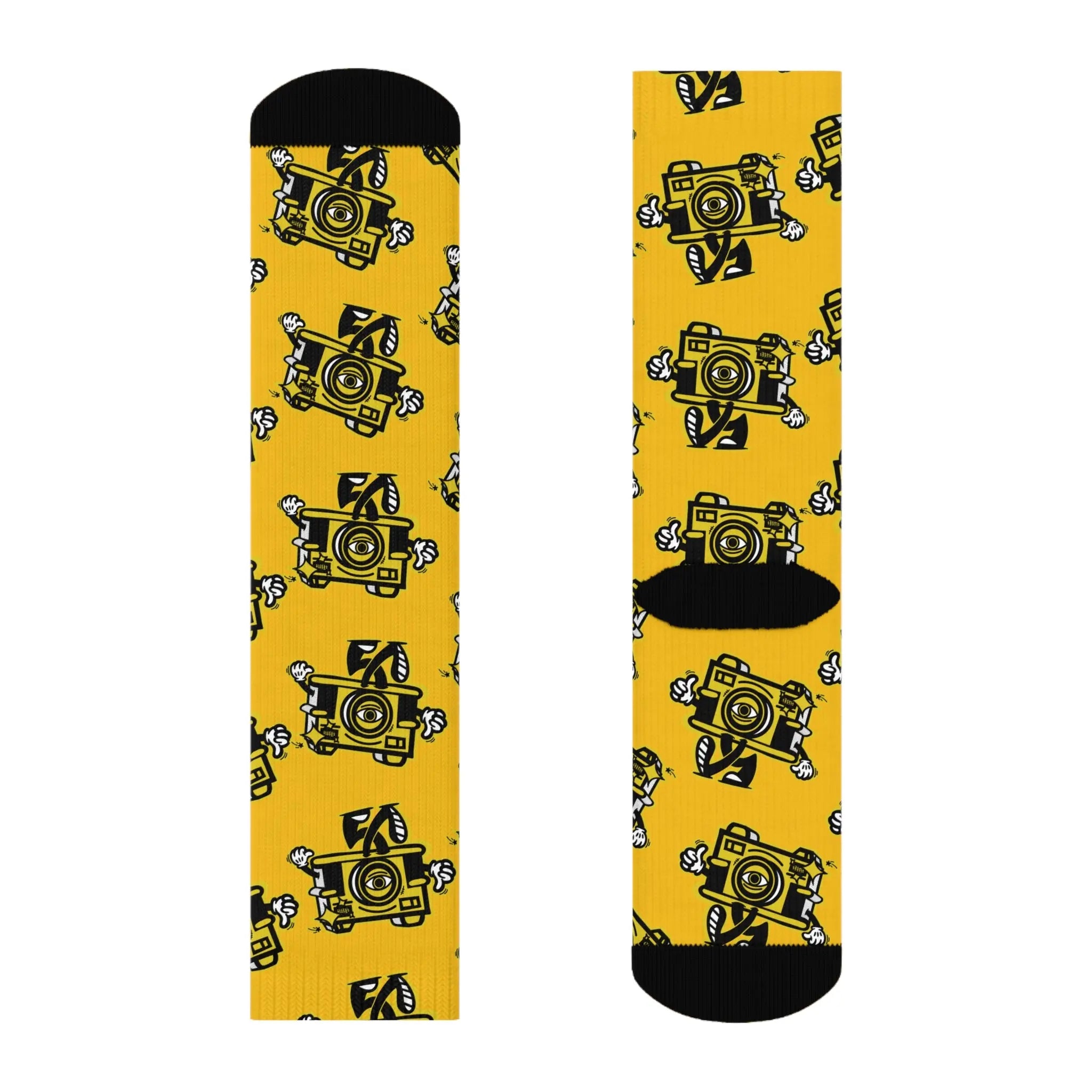 Vintage Camera Pattern Crew Socks — Yellow Photographer Novelty Socks Printify