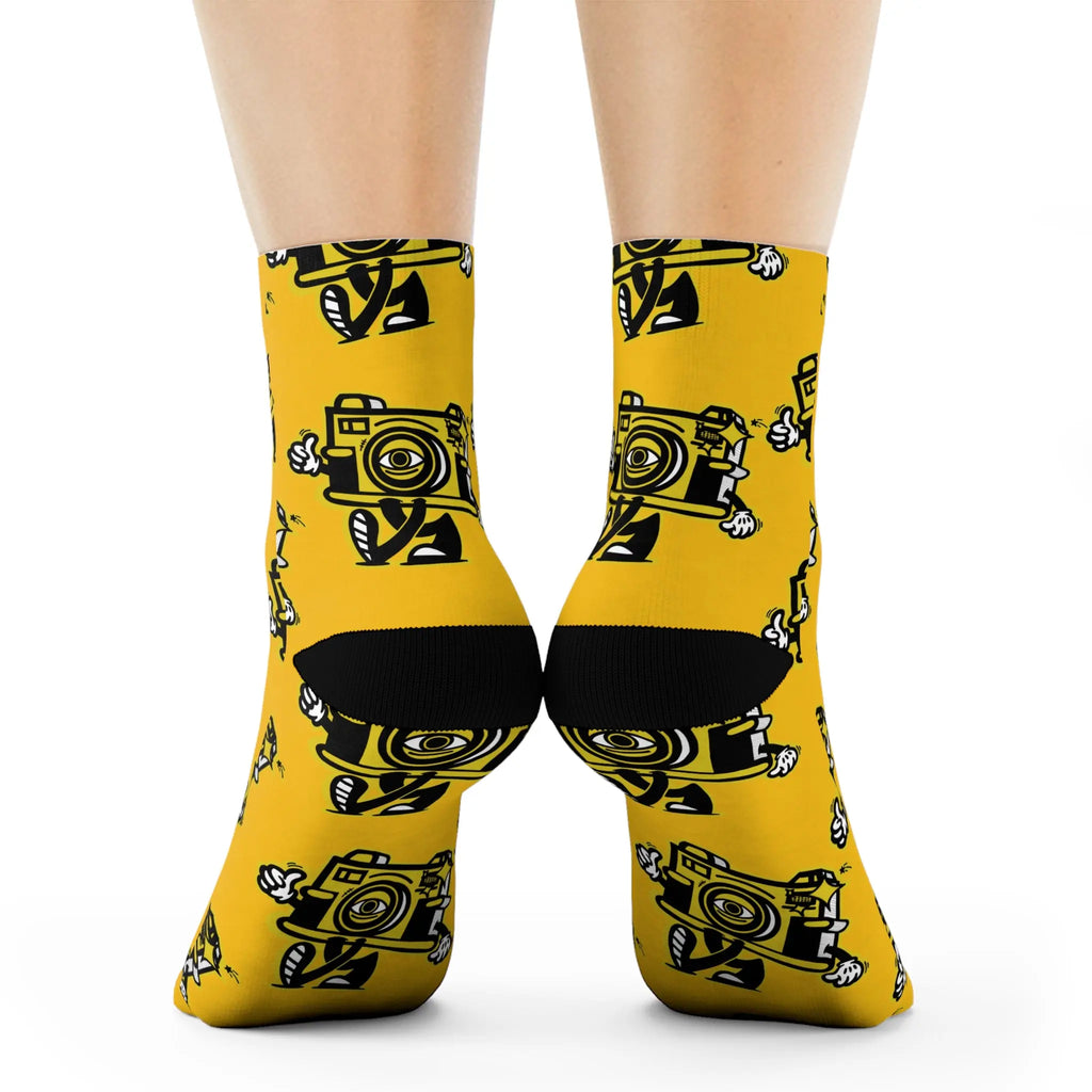 Vintage Camera Pattern Crew Socks — Yellow Photographer Novelty Socks Printify