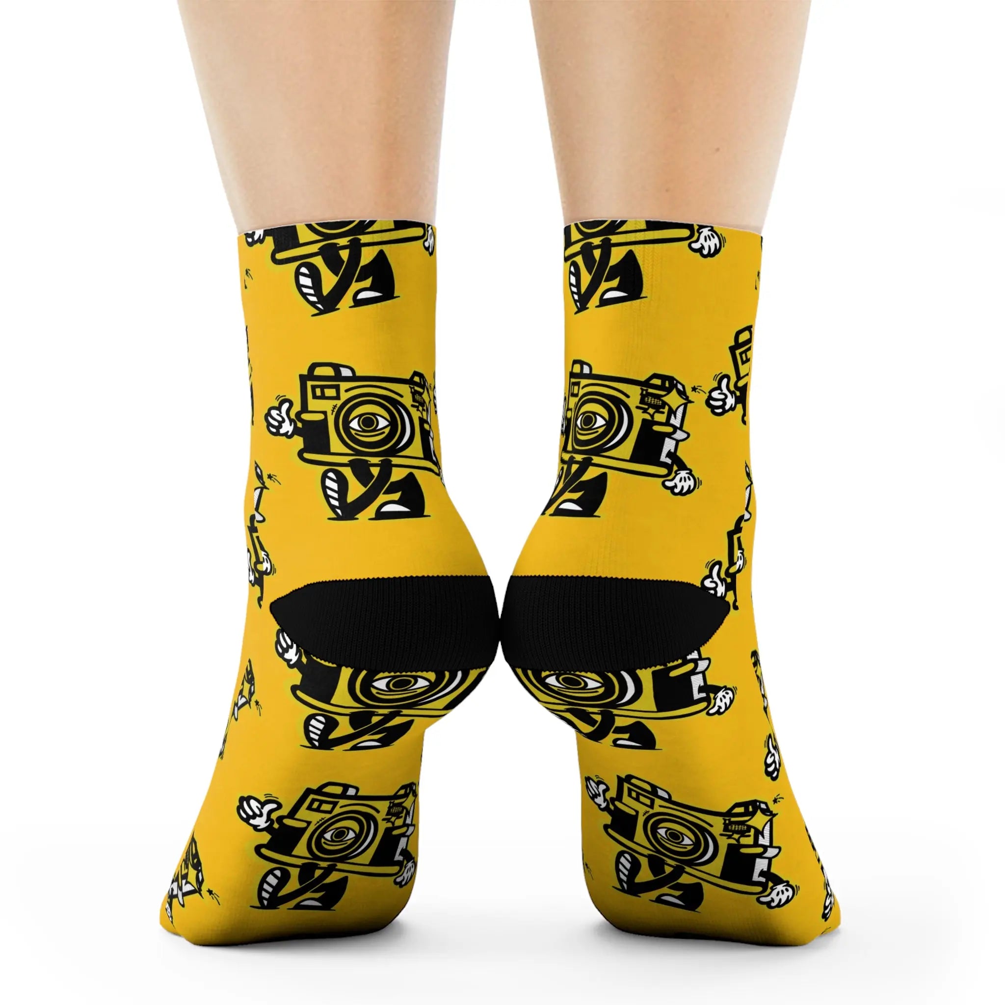 Vintage Camera Pattern Crew Socks — Yellow Photographer Novelty Socks Printify