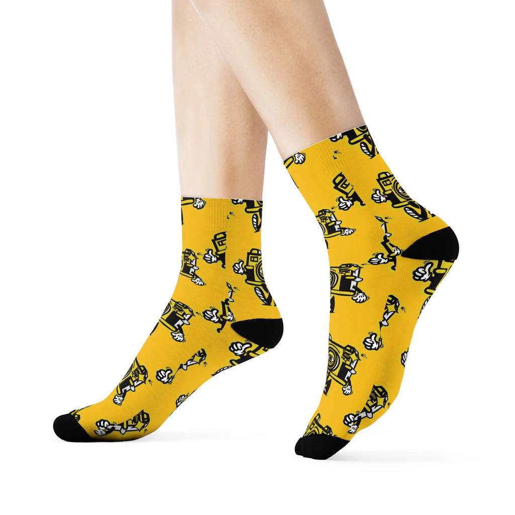 Vintage Camera Pattern Crew Socks — Yellow Photographer Novelty Socks Printify