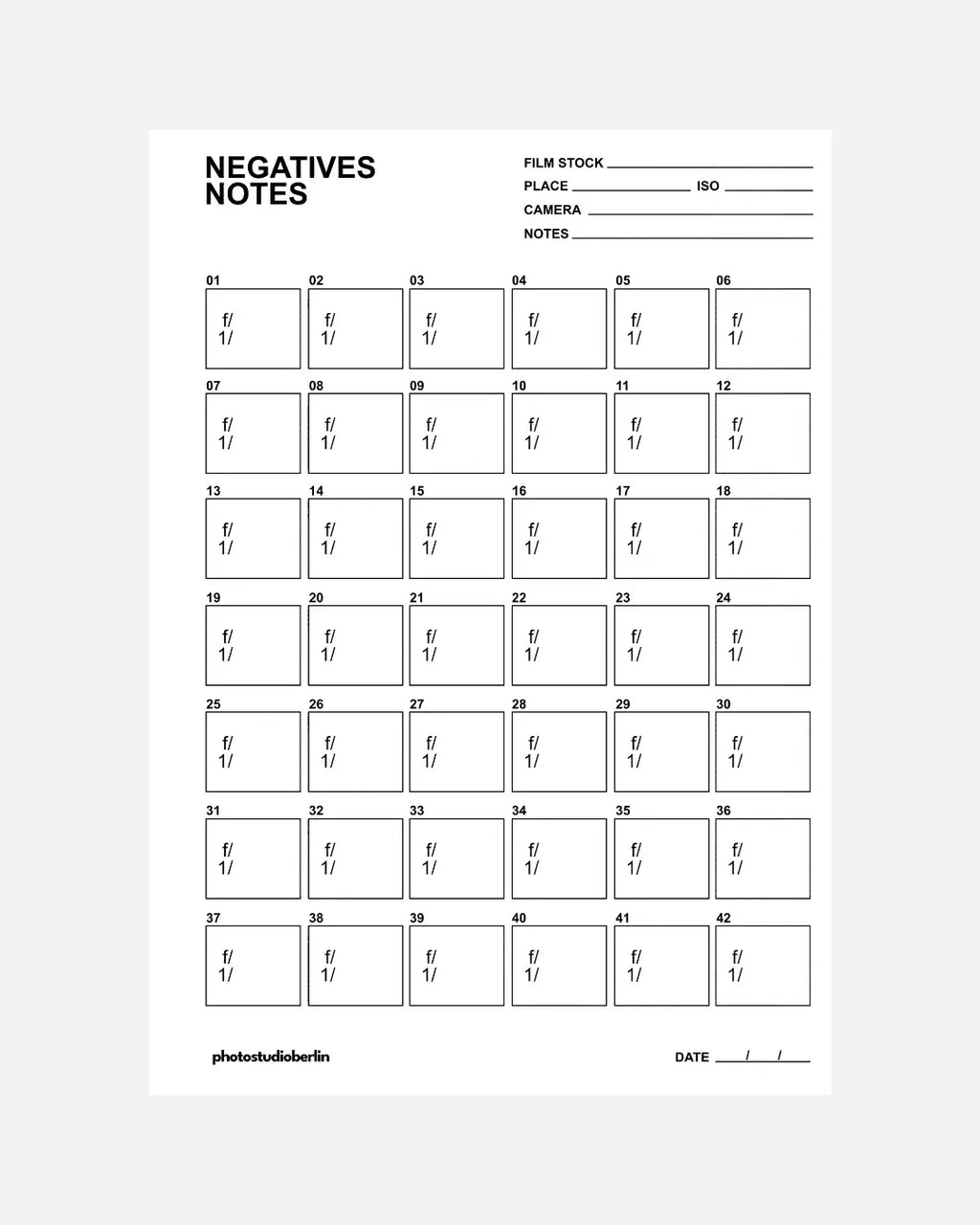 Film Negatives Notes – Printable PDF Sheet Photo Studio Berlin
