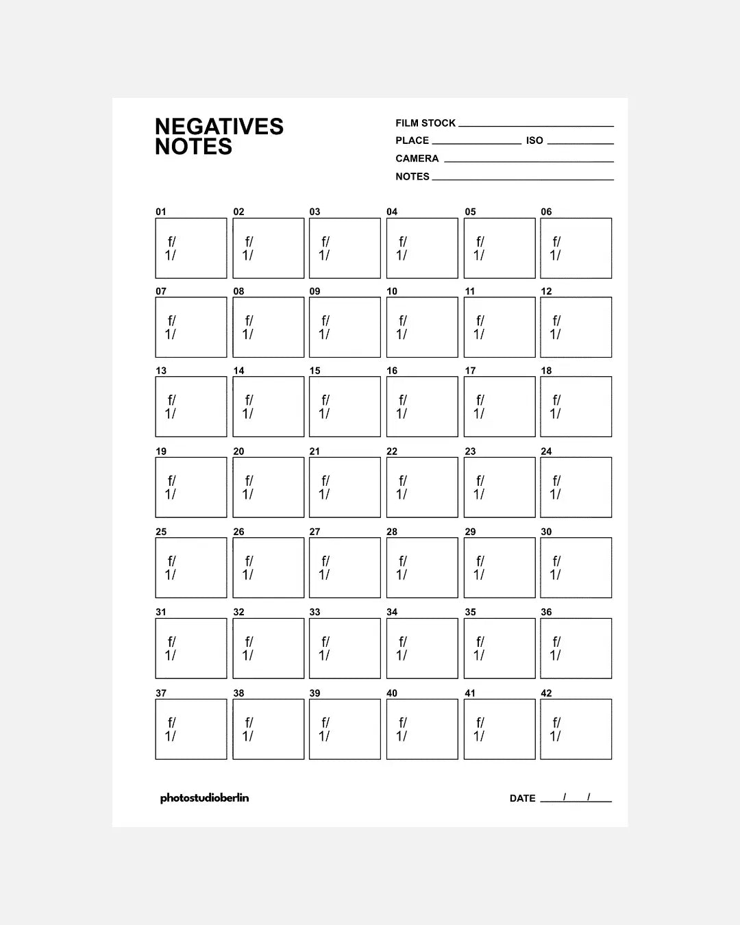 Film Negatives Notes – Printable PDF Sheet Photo Studio Berlin