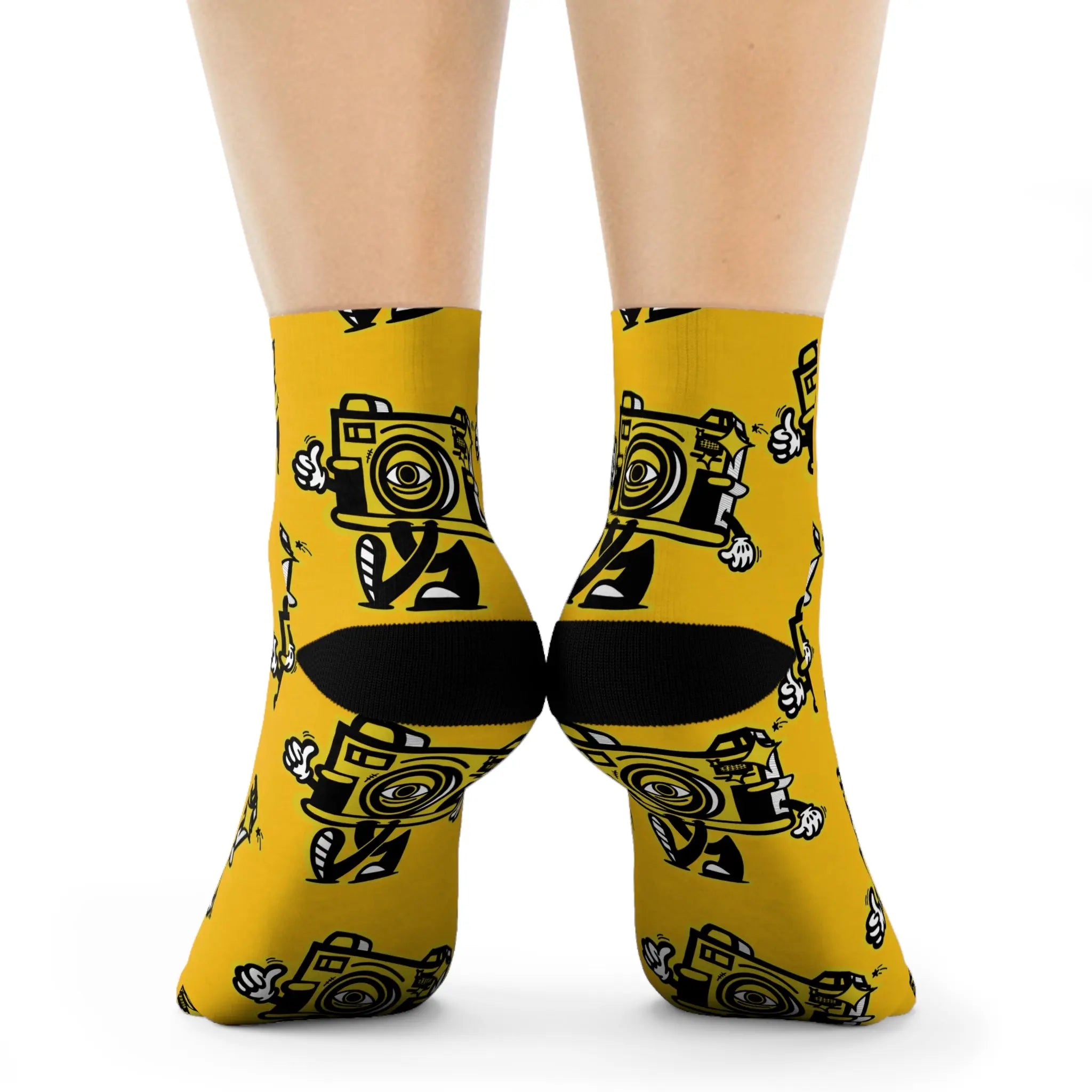 Vintage Camera Pattern Crew Socks — Yellow Photographer Novelty Socks Printify