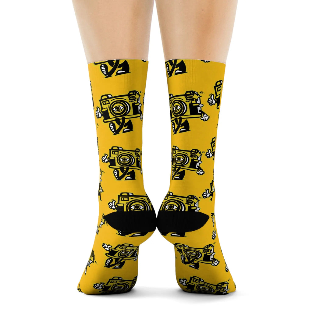 Vintage Camera Pattern Crew Socks — Yellow Photographer Novelty Socks Printify
