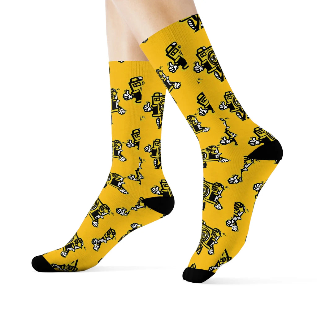 Vintage Camera Pattern Crew Socks — Yellow Photographer Novelty Socks Printify