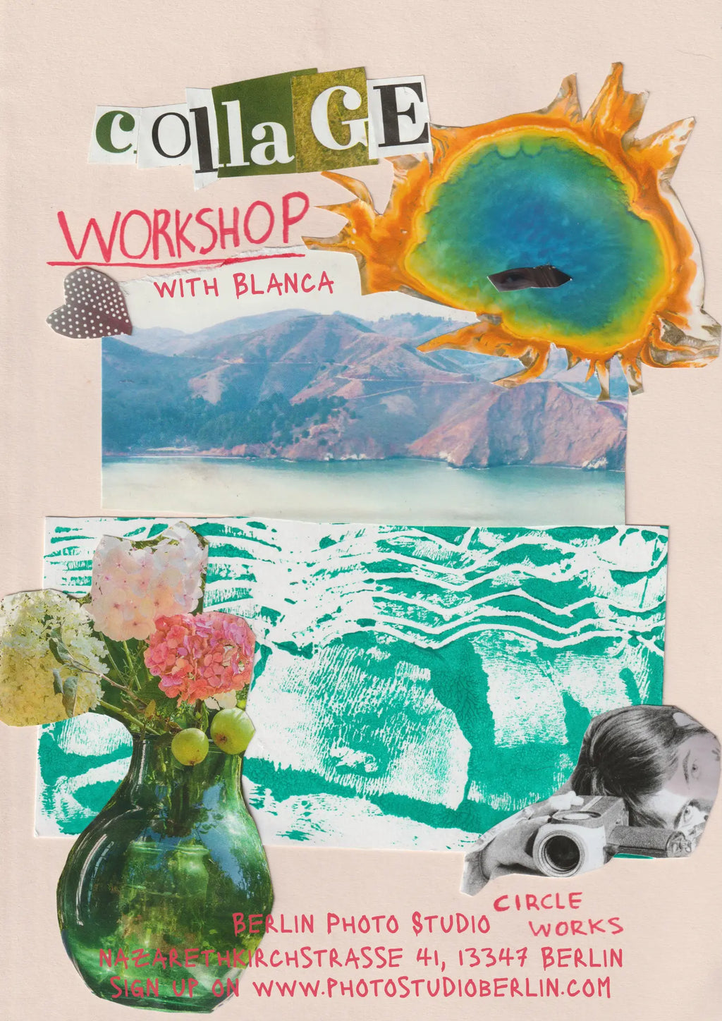 Collage workshop promotional poster with photographs, paper and mixed-media textures