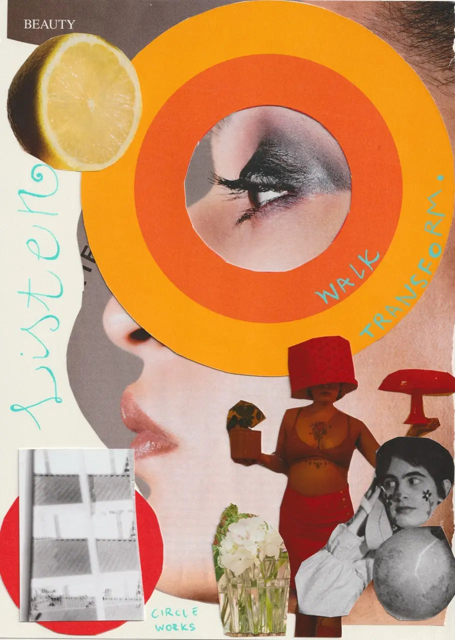 Mixed-media portrait collage with circular paper shapes, photographs and Listen lettering