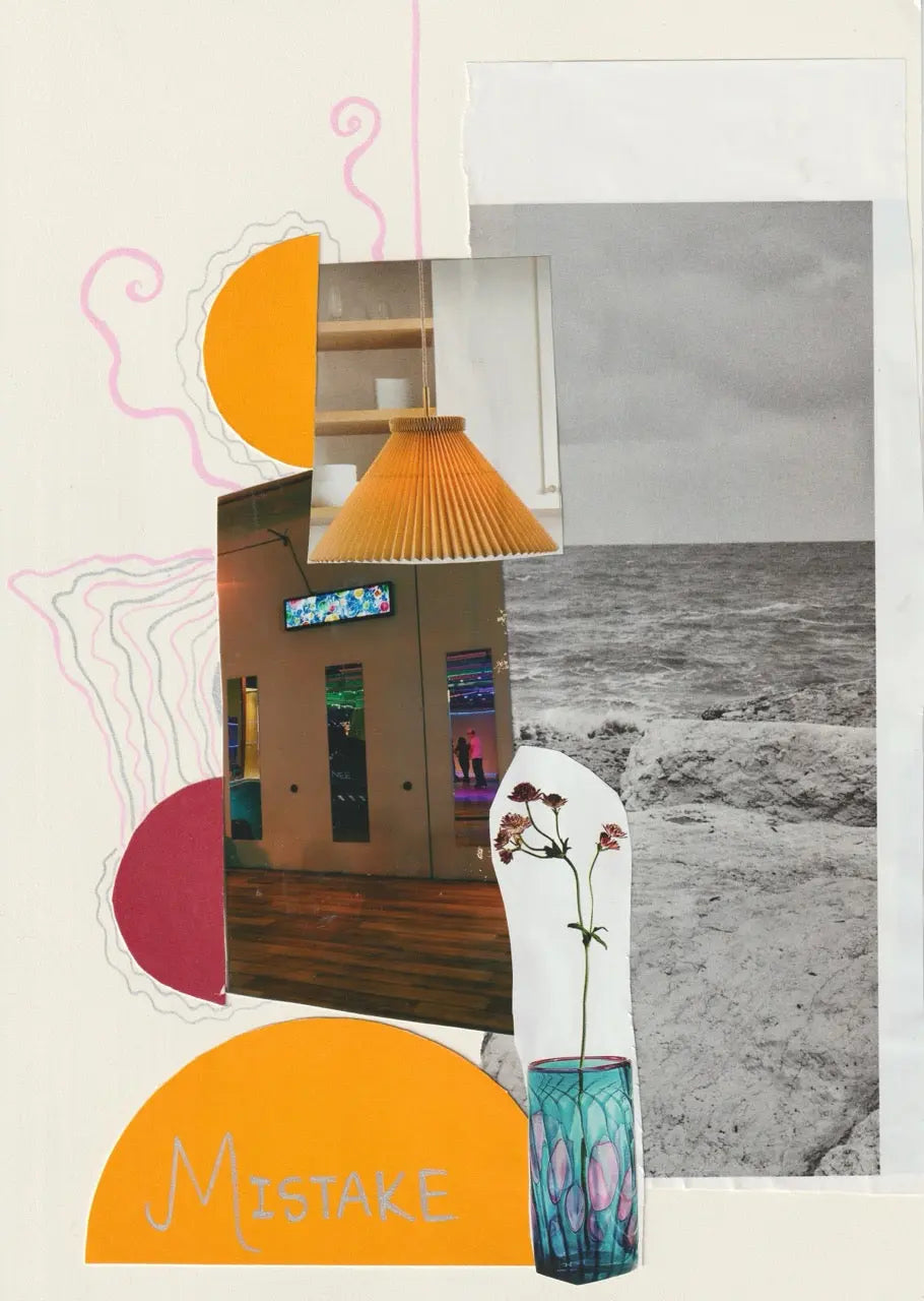 Mixed-media collage combining an interior, ocean photograph, flower and graphic shapes
