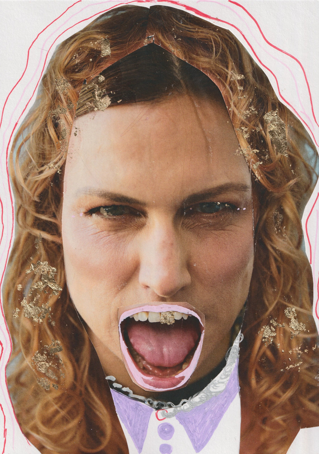 Handmade photo collage of a woman screaming with painted and metallic details