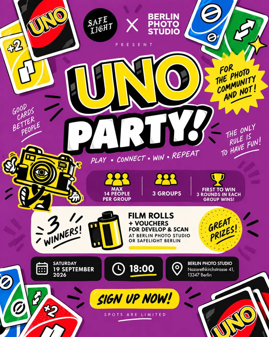 UNO Party at Berlin Photo Studio with Safelight Berlin, Saturday 19 September 2026 at 18:00. Three groups, up to 14 players each, film rolls and Develop & Scan prizes.