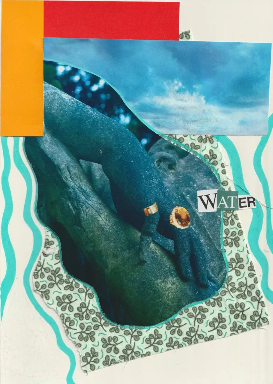 Photo collage of a hand in water with geometric shapes and patterned paper
